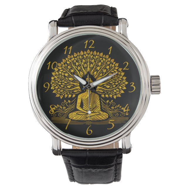 Intricate Guld Buddha, omringad av Lush Foliage Armbandsur (Framsida)