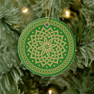 Intricate Guld Celtic Flower Mandala Personlig Julgransprydnad Keramik