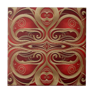 Intricate Guld Swirls on Luxurious Red Canvas Kakelplatta
