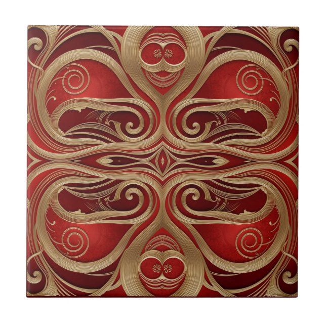 Intricate Guld Swirls on Luxurious Red Canvas Kakelplatta (Framsidan)