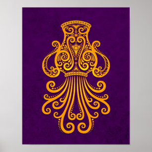 Intricate Gult Aquarius Zodiac på Lila Poster