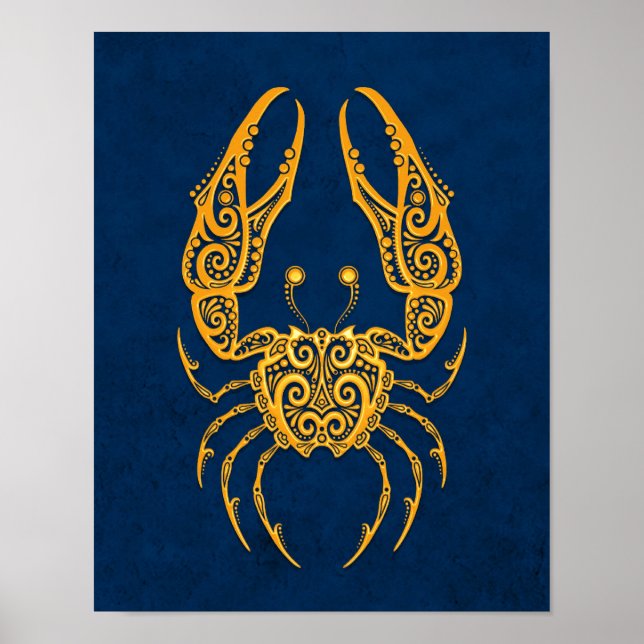 Intricate Gult Cancer Zodiac på Blue Poster (Framsidan)