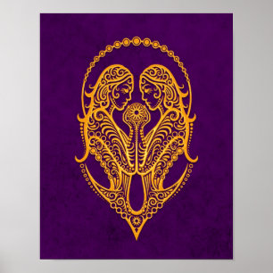 Intricate Gult Gemini Zodiac på Lila Poster