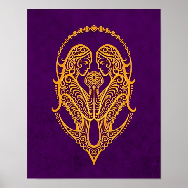 Intricate Gult Gemini Zodiac på Lila Poster (Framsidan)
