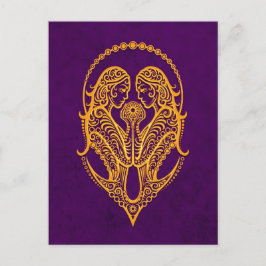 Intricate Gult Gemini Zodiac på Lila Vykort