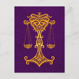 Intricate Gult Libra Zodiac på Lila Vykort
