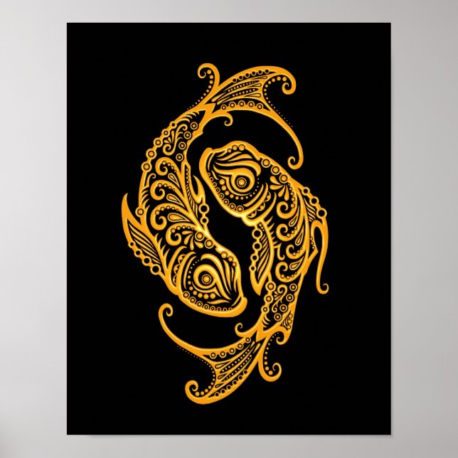 Intricate Gult Pisces Zodiac på Black Poster (Framsidan)
