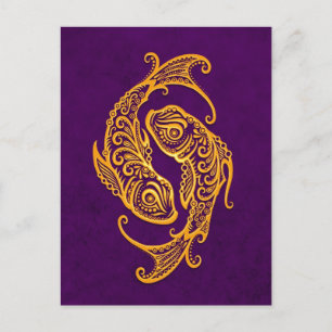 Intricate Gult Pisces Zodiac på Lila Vykort