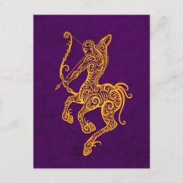 Intricate Gult Sagittarius Zodiac på Lila Vykort