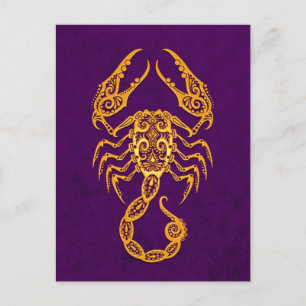 Intricate Gult Scorpio Zodiac på Lila Vykort