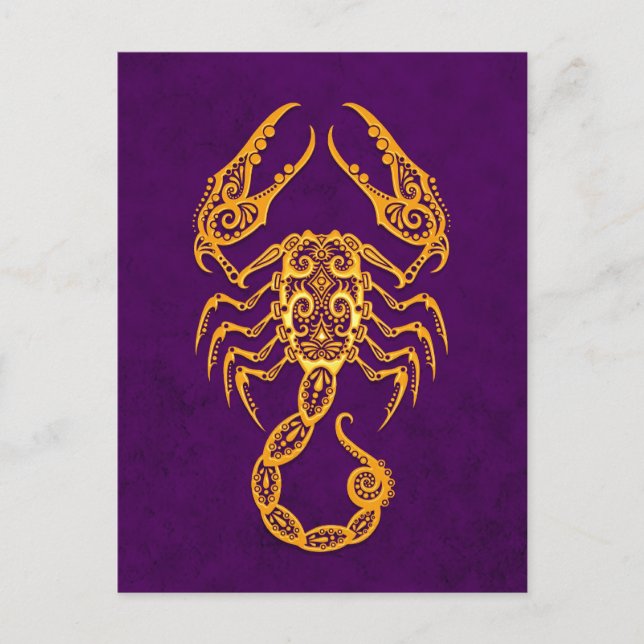 Intricate Gult Scorpio Zodiac på Lila Vykort (Framsida)