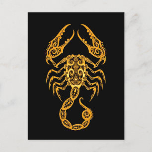 Intricate Gult Scorpio Zodiac på svart Vykort
