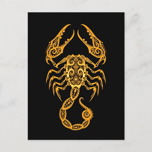 Intricate Gult Scorpio Zodiac på svart Vykort (Framsida)