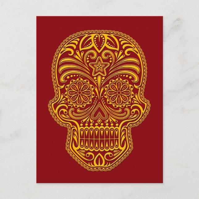 Intricate Gult Sugar Skull på Red Vykort (Framsida)