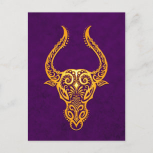 Intricate Gult Taurus Zodiac på Lila Vykort