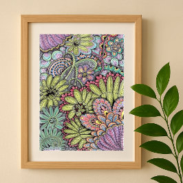Intricate Hand Drawn Blommigt Bohemian Chic Art Poster