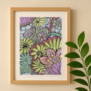Intricate Hand Drawn Blommigt Bohemian Chic Art Poster
