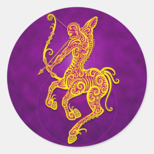 Intricate Lila and Gult Tribal Sagittarius Runt Klistermärke