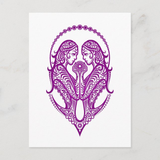 Intricate Lila Gemini Zodiac på White Vykort (Framsida)