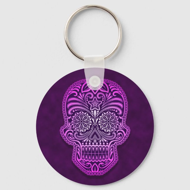 Intricate Lila Sugar Skull Nyckelring (Framsida)