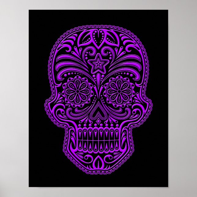 Intricate Lila Sugar Skull på svart Poster (Framsidan)