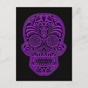 Intricate Lila Sugar Skull på svart Vykort