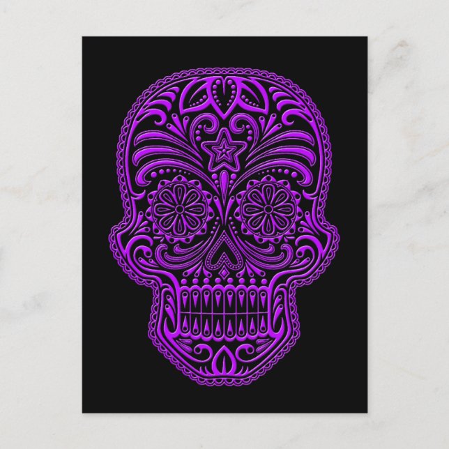 Intricate Lila Sugar Skull på svart Vykort (Framsida)