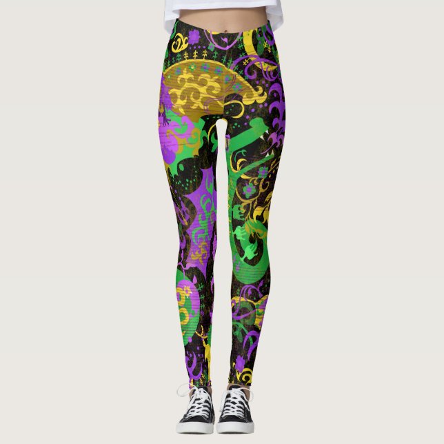 Intricate Mardi Gras Färg Dragon Damask Leggings (Framsida)