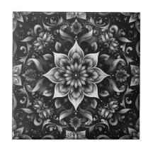Intricate Monochrome Ornate Blommigt Tile