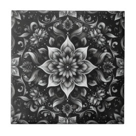 Intricate Monochrome Ornate Blommigt Tile Kakelplatta