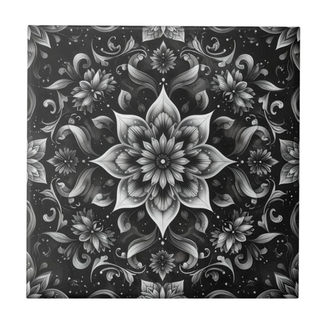 Intricate Monochrome Ornate Blommigt Tile Kakelplatta (Framsidan)
