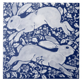 Intricate Mörk blått Rabbit Pair Blommigt Navy Cob Kakelplatta