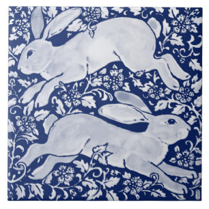 Intricate Mörk blått Rabbit Pair Blommigt Navy Cob Kakelplatta