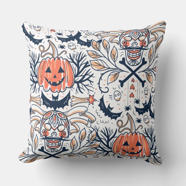 Intricate Mörk Halloween Skull Pumpkin Mönster Kudde (Framsida)