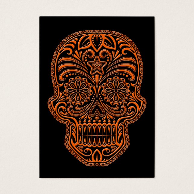Intricate Orange Sugar Skull på svart Visitkort (Framsidan)