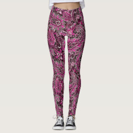 Intricate Paisley in Vibrant Pinks on Black  Leggings