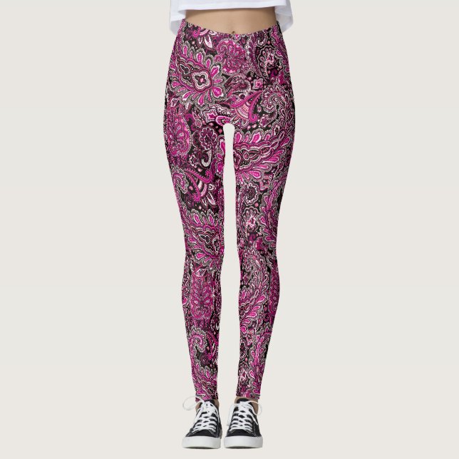 Intricate Paisley in Vibrant Pinks on Black  Leggings (Framsida)