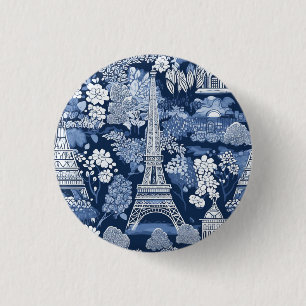 Intricate Parisian Eiffel Torn Blue Toile badge Knapp