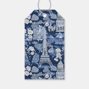Intricate Parisian Eiffel Torn Blue Toile Presentetikett