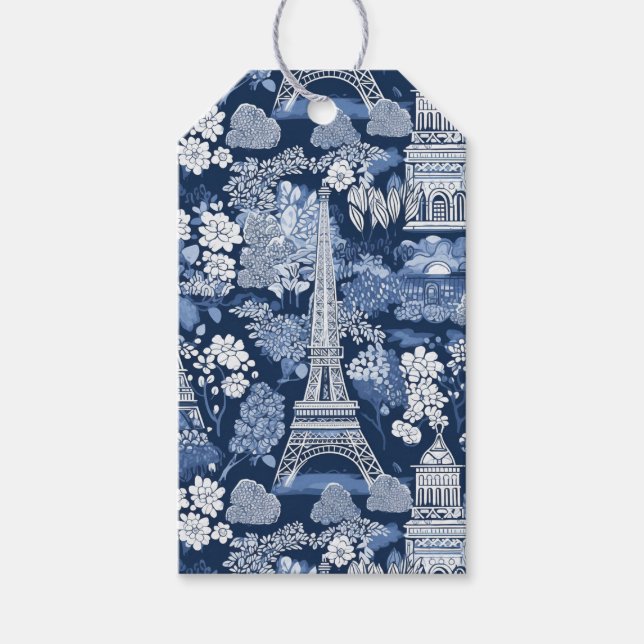 Intricate Parisian Eiffel Torn Blue Toile Presentetikett (Framsidan)
