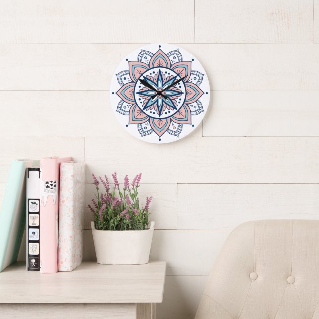 Intricate Pastel Blommigt Mandala Stor Klocka (Läsesal)