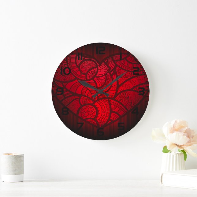 Intricate Red Mandala Heart Romantic Boho Mönster Stor Klocka (Skapare uppladdad)