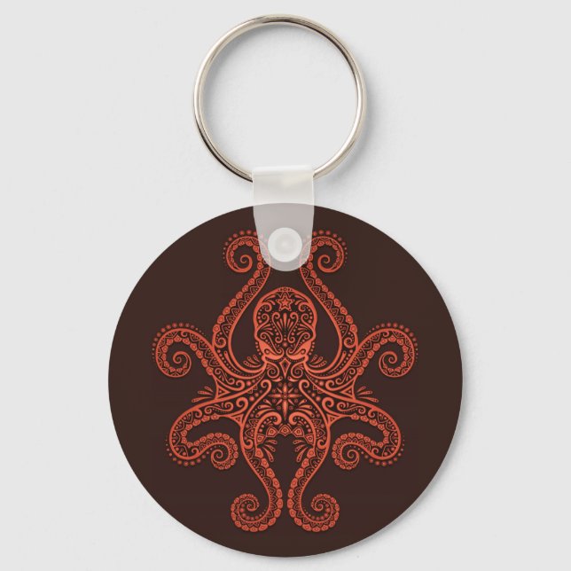 Intricate Red Octopus Nyckelring (Framsida)