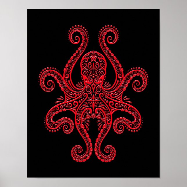Intricate Red Octopus on Black Poster (Framsidan)