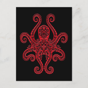 Intricate Red Octopus on Black Vykort