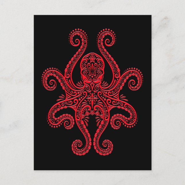 Intricate Red Octopus on Black Vykort (Framsida)