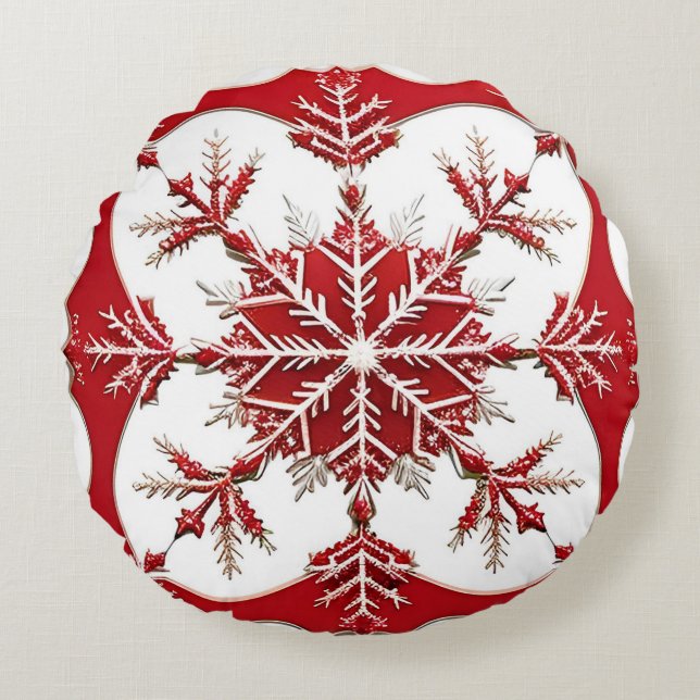 Intricate Red Snowflake Design Rund Kudde (Framsidan)