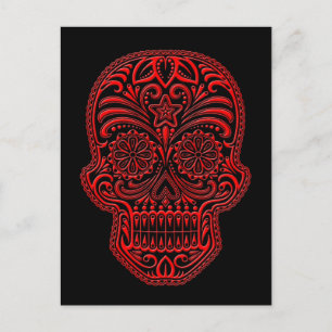 Intricate Red Sugar Skull på svart Vykort