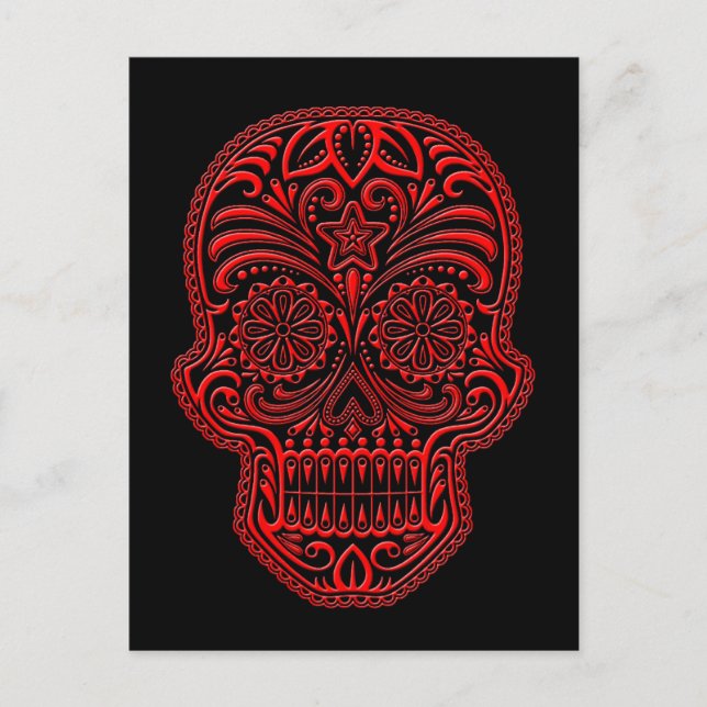Intricate Red Sugar Skull på svart Vykort (Framsida)
