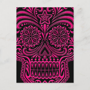 Intricate Rosa Sugar Skull på svart Vykort